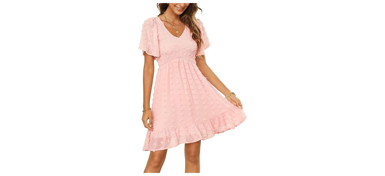 Zattcas Smocked Dress Short Flutter Sleeve V Neck Swiss Dot Babydoll