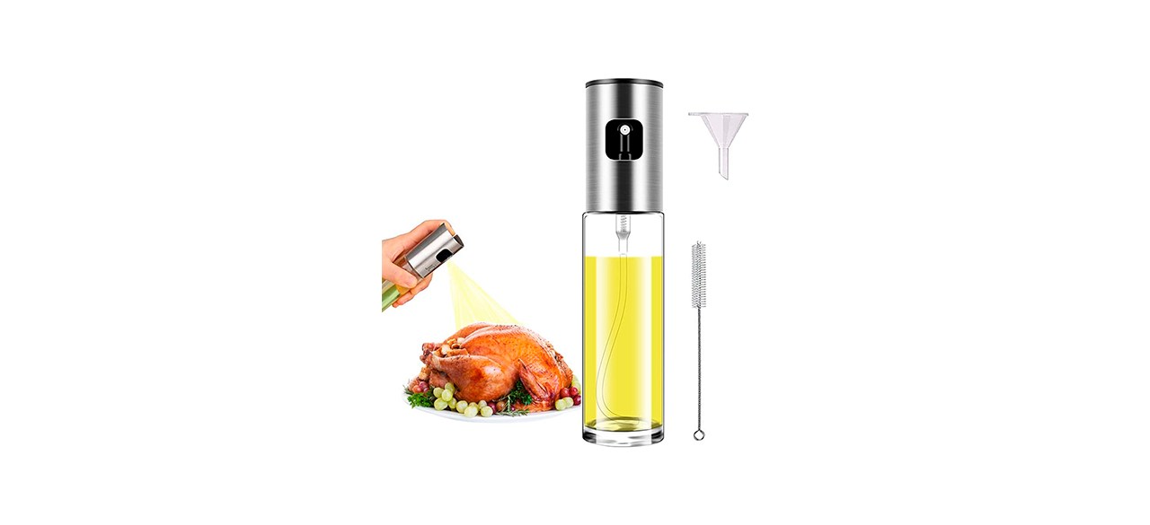 A glass oil mister with a steel top shown next to a person using it to spray oil on a roasted chicken