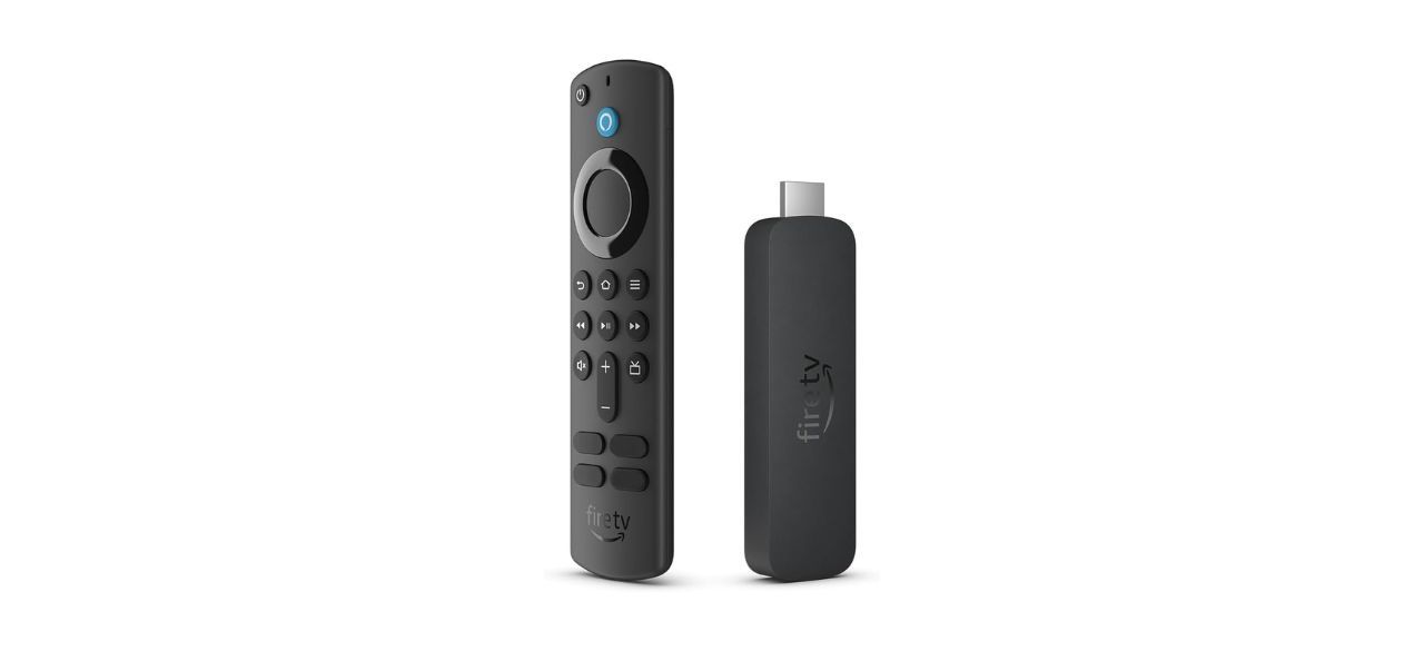 Amazon Fire TV Stick 4K Streaming Device on white background with remote