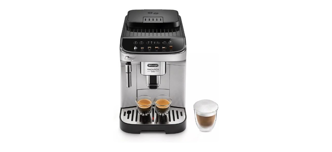 De'Longhi Magnifica Evo Espresso, Cappuccino and Iced Coffee Maker next to some cups