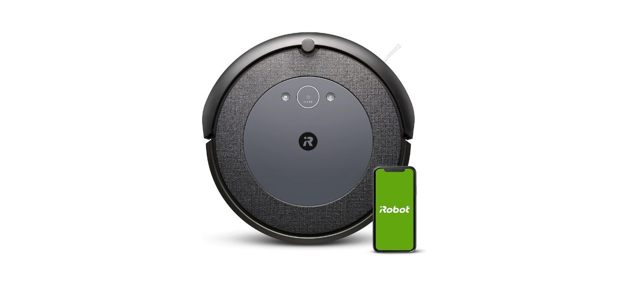 iRobot Roomba i4 EVO Wi-Fi Connected Robot Vacuum on white background next to a smartphone showing the iRobot app 