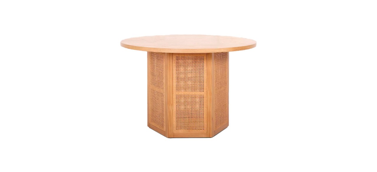 Threshold Tormod Round Dining Table Brown with a hexagonal base