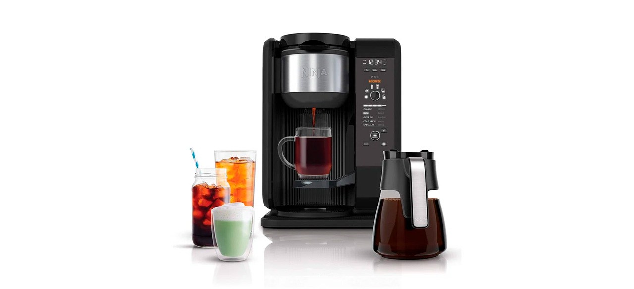 Ninja Hot & Cold Brewed System Tea and Coffee Maker with several beverages nearby