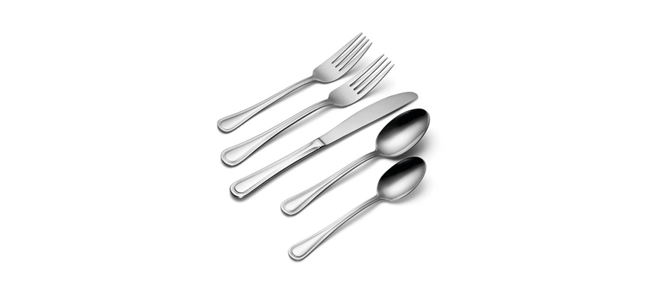 Oneida Hollis 74-Piece Everyday Flatware Set; two forks, one butter knife and two spoons are shown