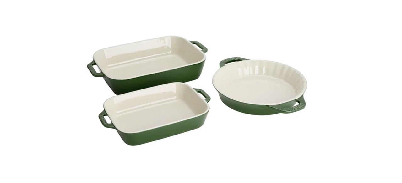 STAUB Ceramic 3 Pc. Set (Pie & 2Pc Rect Dish), green exterior with white interior