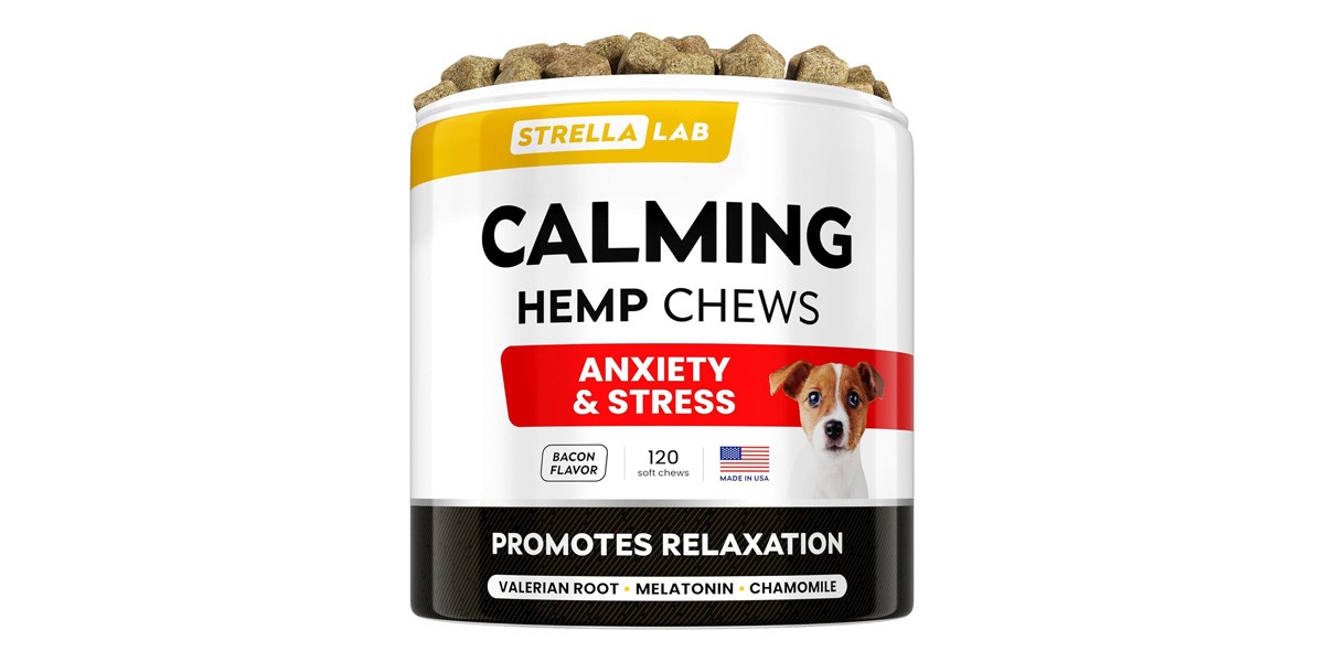 Container of hemp chews on white background