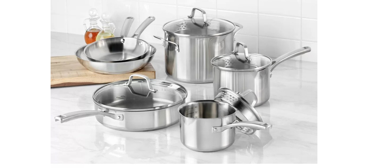 Calphalon Classic Stainless Steel 10 Piece Cookware Set on kitchen counter