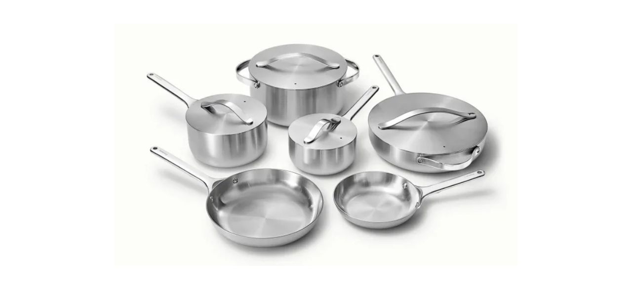 Caraway Stainless Steel Cookware & Minis Set on white background