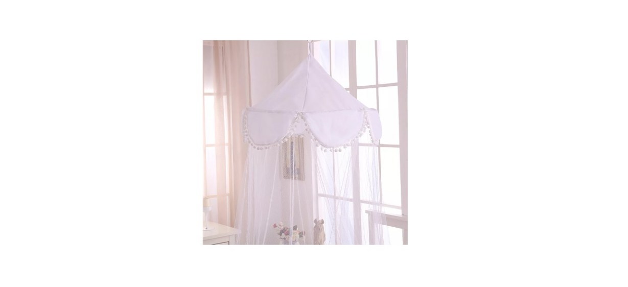 Casablanca Kids Pom Pom Sheer Collapsible Hoop Bed Canopy