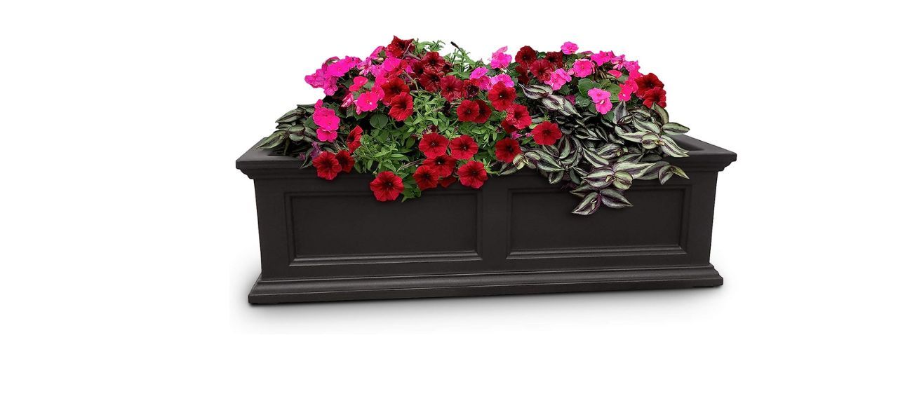 a black window box with flowers in it