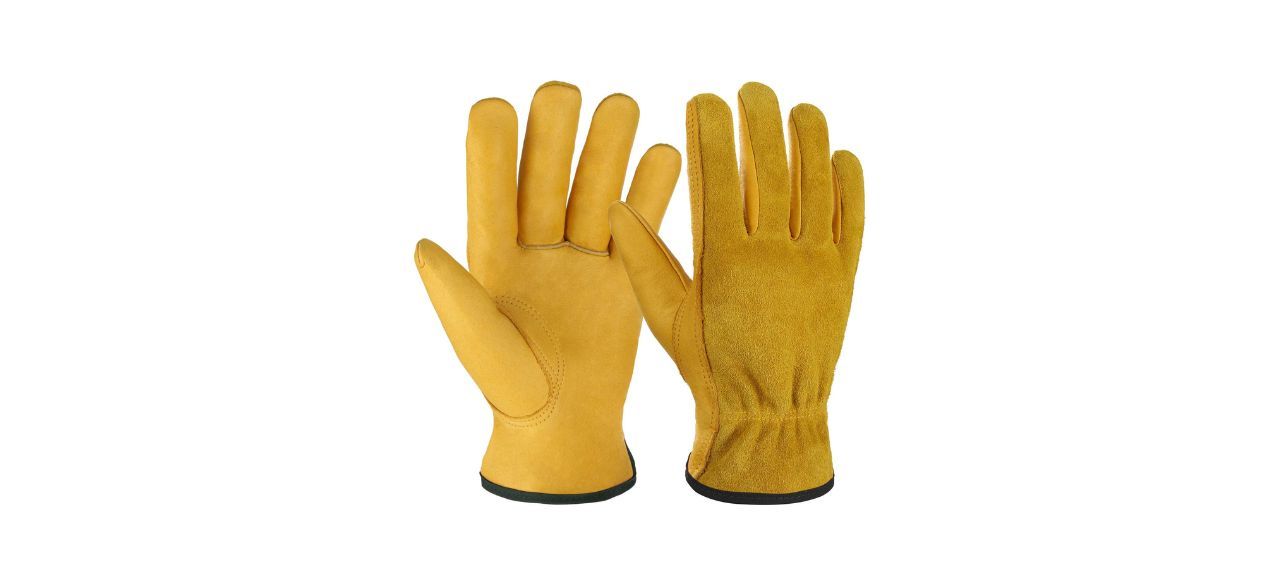 a pair of yellow soft leather work gloves