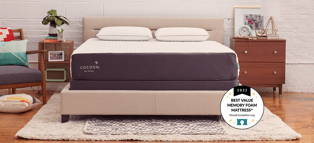 Sealy Cocoon THE CHILL MATTRESS in neutral bedroom with hardwood flooring