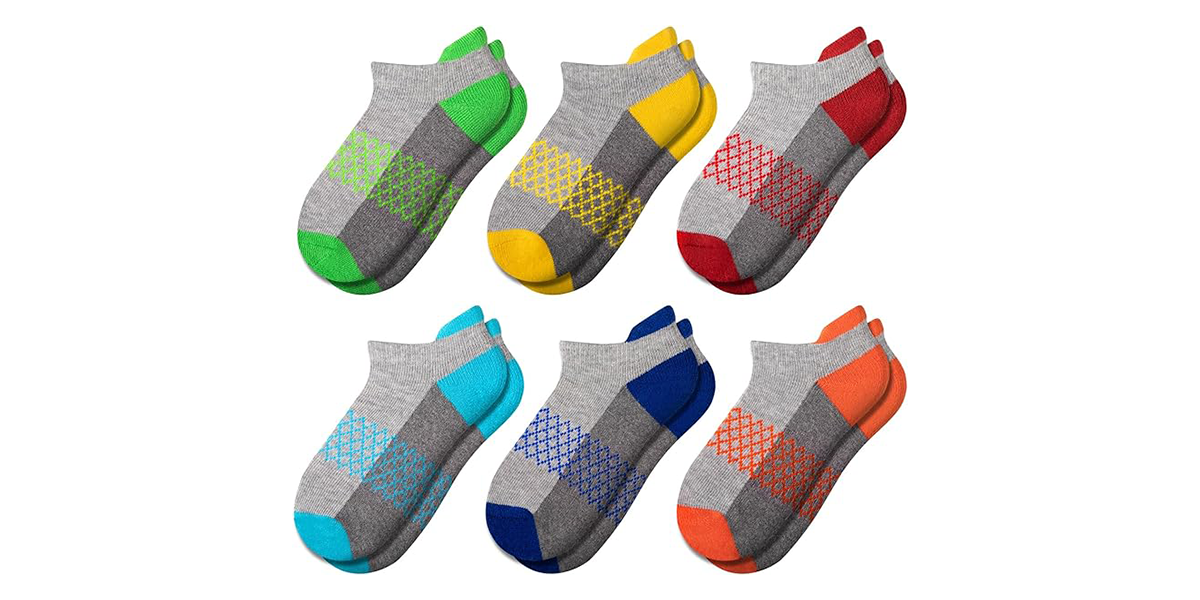 six pairs of grey socks with different colors on them