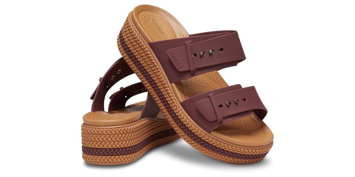 Crocs Women's Brooklyn Buckle Low Wedge Sandal brown sandal on white back