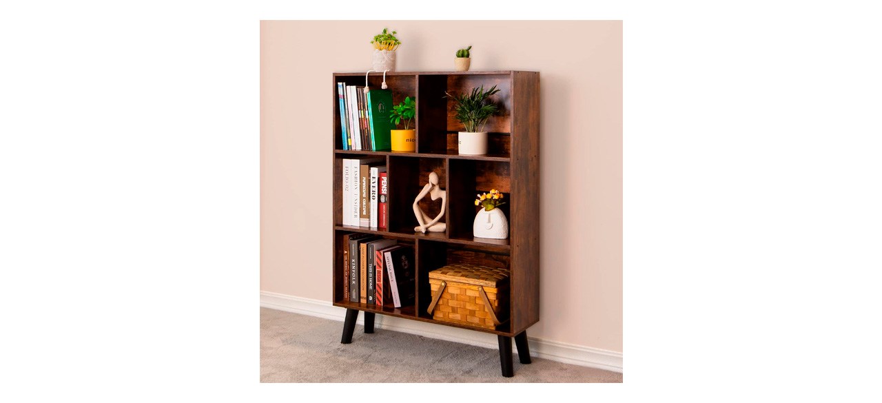  LEYAOYAO Cube Bookshelf 3 Tier Mid-Century Rustic Brown Modern Bookcase with Legs