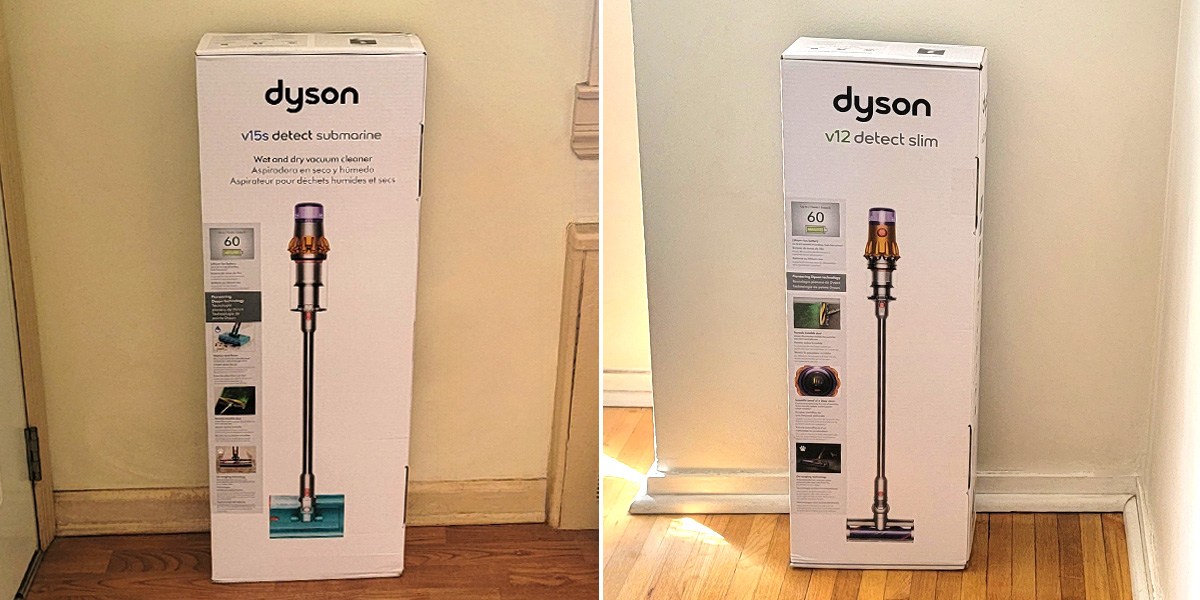 Collage with Dyson V12 on one side and V15 on the other 