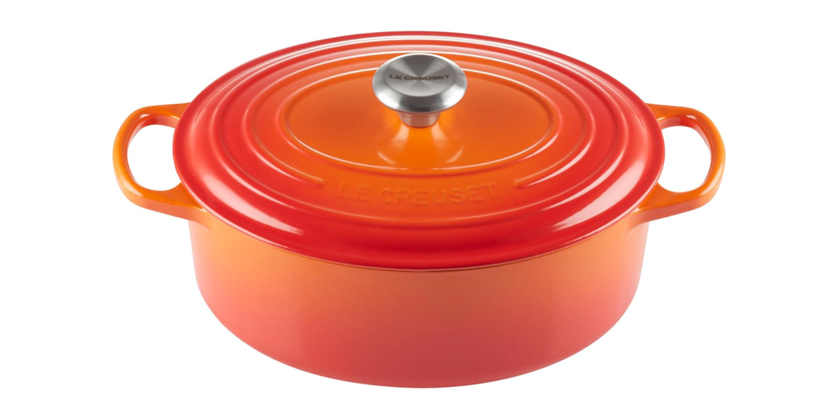 Le Creuset dutch oven on white background