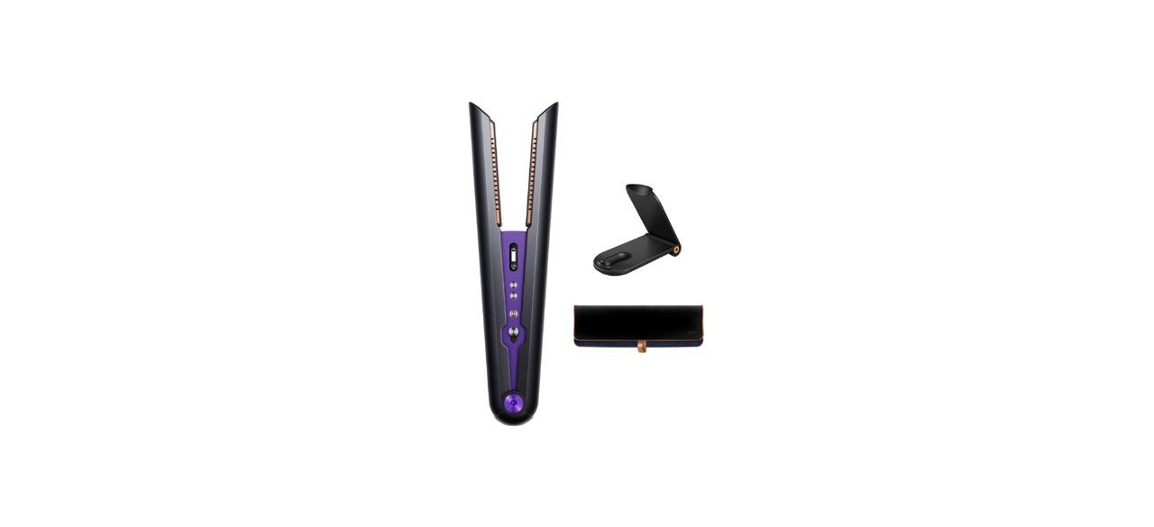 Dyson Corrale hair straightener in black and purple with a charging cord, a heat-resistant travel pouch and a travel dock.