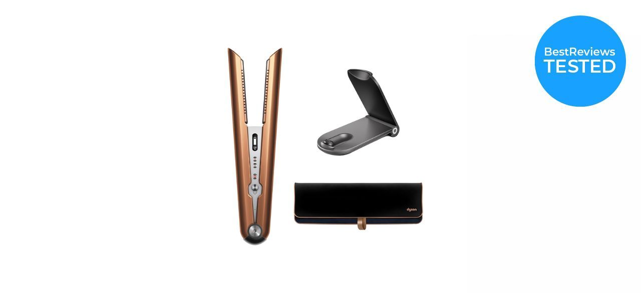 The Dyson Corralle Hair Straightener next to its included stand and case