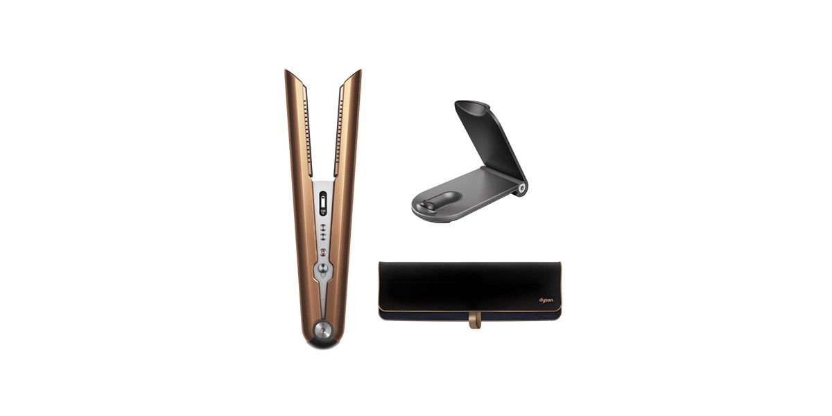 The Dyson Corralle Hair Straightener next to its included stand and case