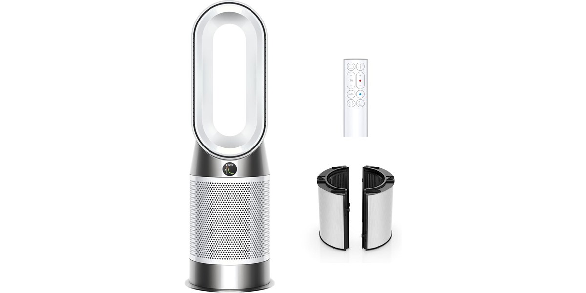 The Dyson Purifier Hot+Cool Gen1 HP10 Purifying Fan Heater next to its included additional filters and remote control