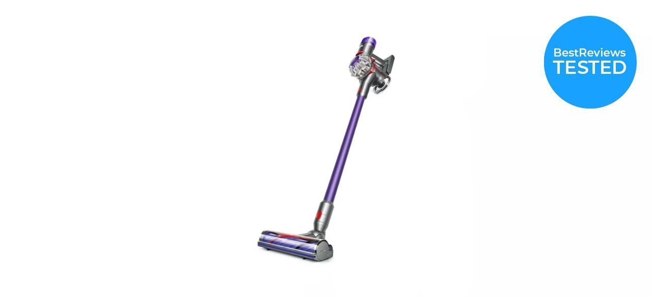 Dyson V8 Origin+ Cordless Vacuum in purple, text reads, "BestReviews Tested"