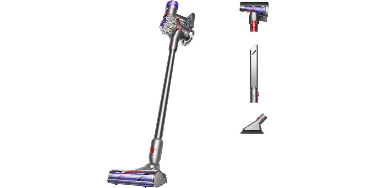 The Dyson V8 Plus Cordless Stick Vacuum next to its three included attachments