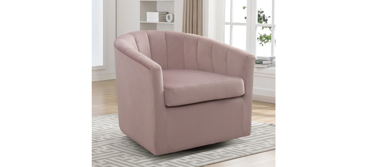 Light pink Ebello Swivel Accent Chair on area rug