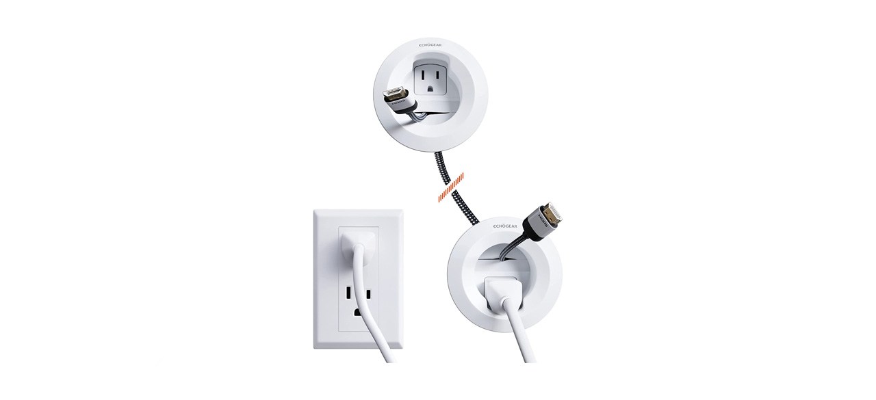 ECHOGEAR in-Wall Cable Concealer Kit in front of a plug, on a white background