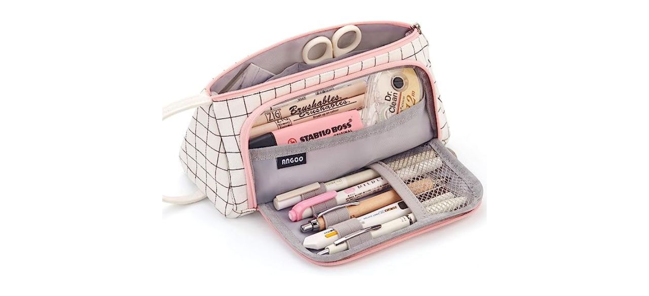 a pink and white pencil case