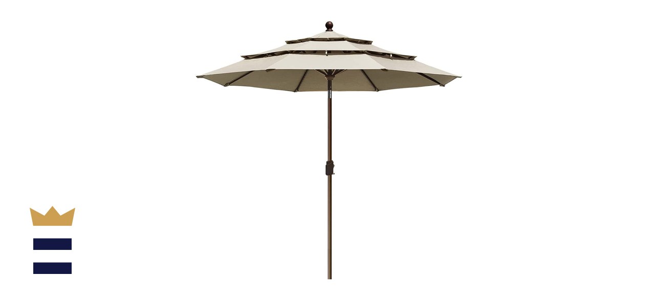 eliteshade 9' 3-tiered sunbrella patio umbrella USA 10-Year-Non-Fading 9ft 3-Tier Market Umbrella, Commercial Grade Outdoor Table with Crank Open, Windproof & UPF 50+ UV Protection, Heavy Duty Ventilation for Garden, Deck, Pool, Backyard Bring timeless sophistication to your patio or garden with Maypex 3 EliteShade 9Ft 3 Tiers Market
