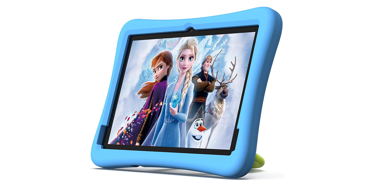 a blue kids tablet with a kids show on the screen