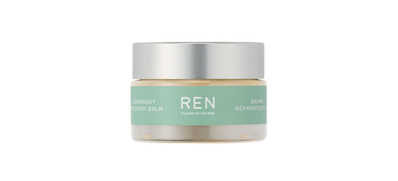 a round green and silver container of Ren Clean Skincare Evercalm Overnight Recovery Balm