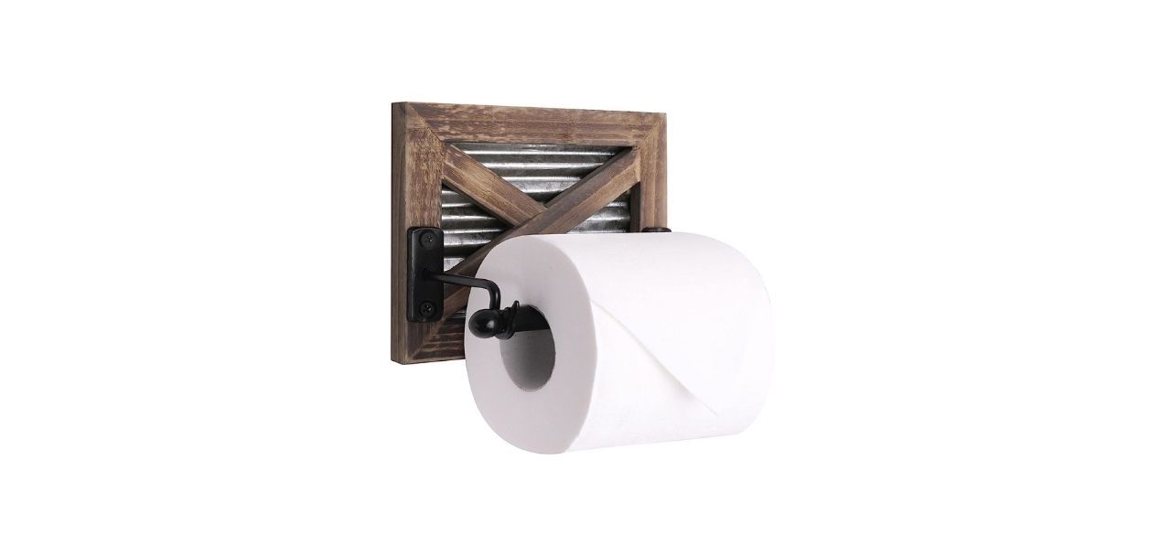 a toilet paper holder with warm brown wood and galvanized metal accents