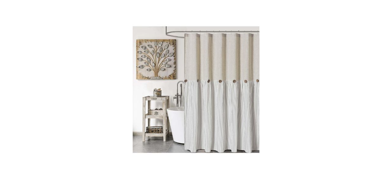 a gray and beige shower curtain