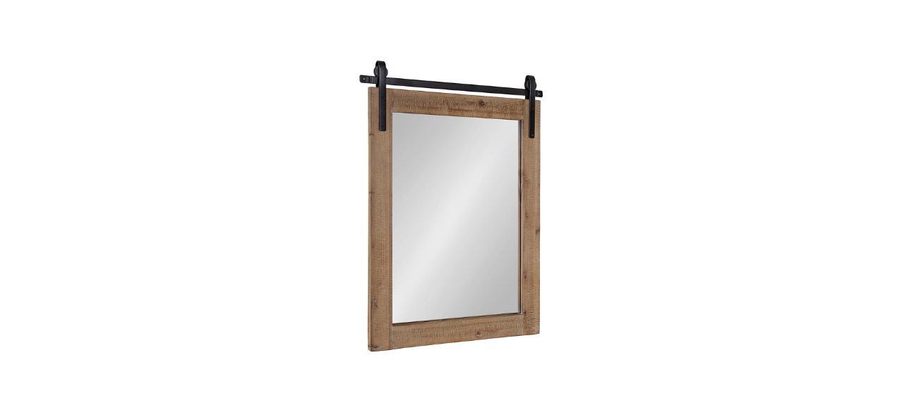 a rectangular mirror with a rustic, wooden frame