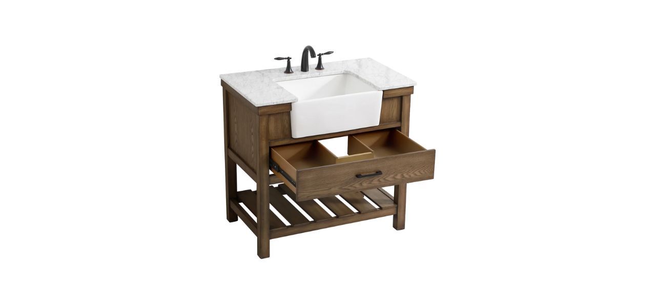 a bathroom vanity with wood and dark brushed metal accents