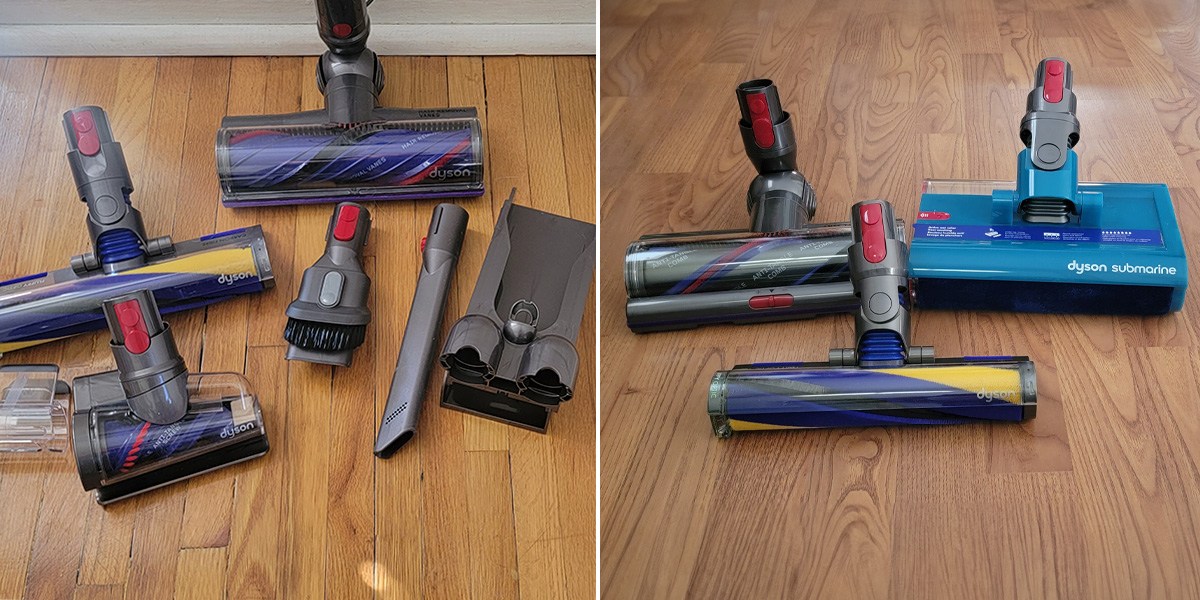 Collage with Dyson V12 accessories on oneside and V15 accessories on the other