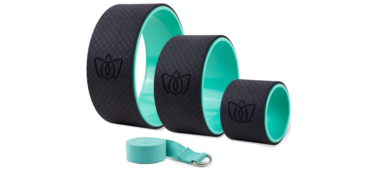 teal and black yoga wheels on a white background