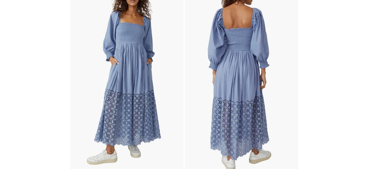 Blue Free People Perfect Storm Smocked Eyelet Long Sleeve Maxi Dress