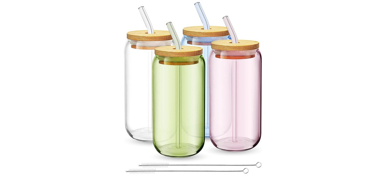 Fullstar Drinking Glasses with Bamboo Lids and Glass Straws on white background