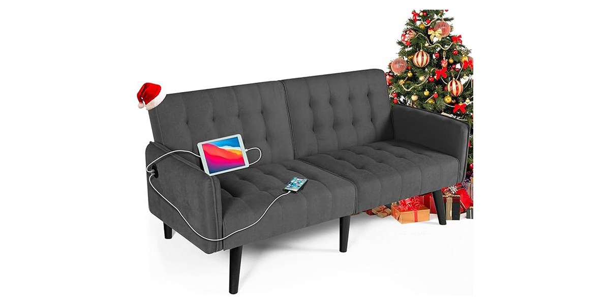 A grey loveseat with two USB charging ports