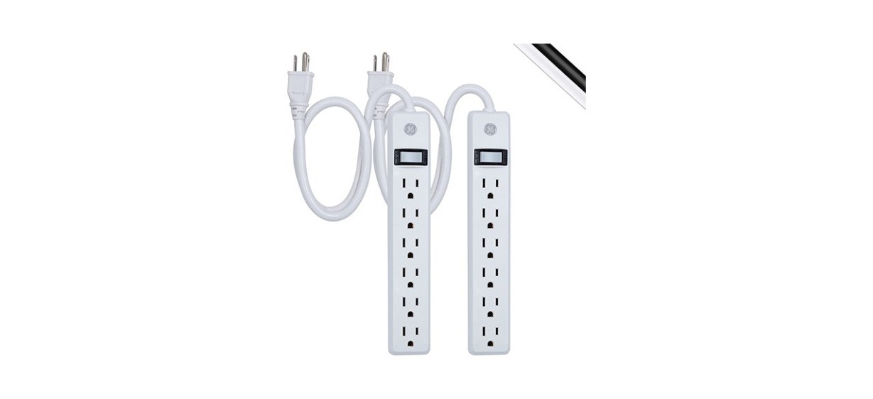 GE, White, 6 Outlet 2 Pack, 2 Ft Cord, Switched Power Strip