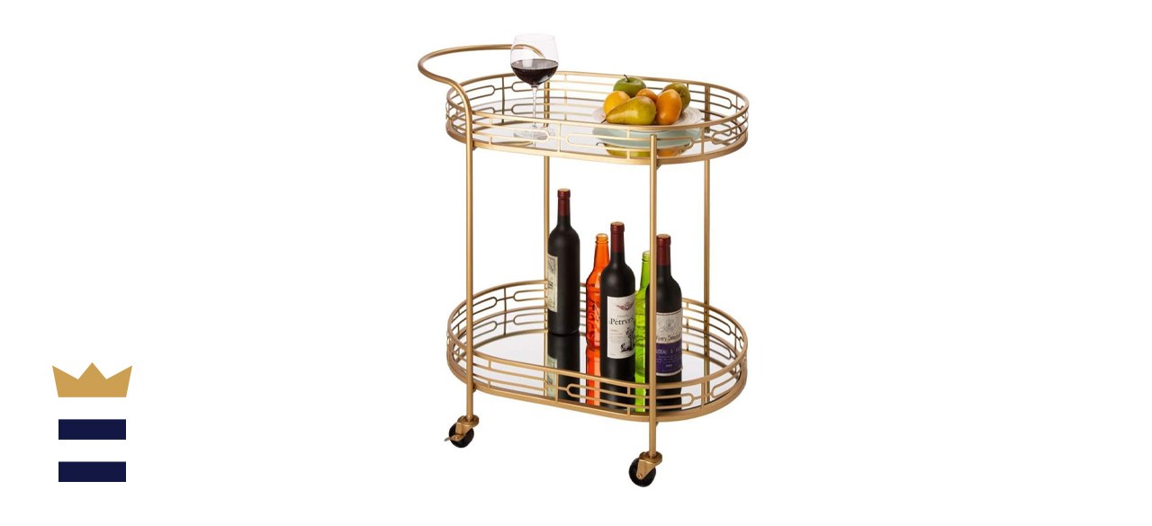 Glitzhome Oval Gold Bar Cart with Mirrored Glass