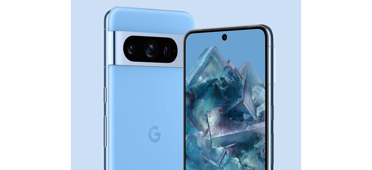 Front and back view of blue Google Pixel 8 Pro