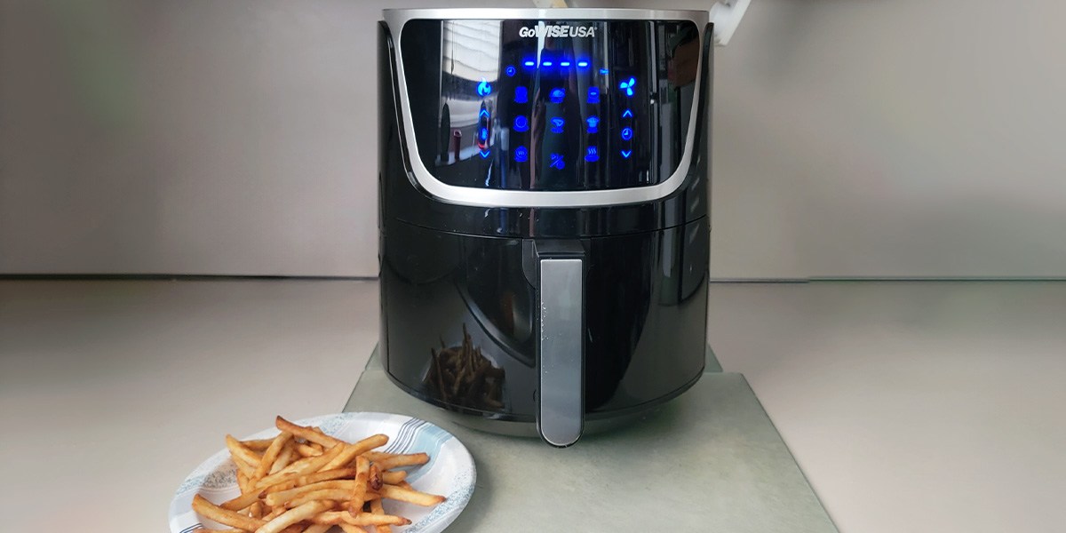 Air fryer with plate of fries in front