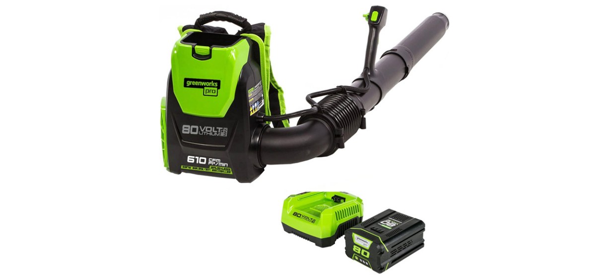 Greenworks Cordless Brushless Backpack Leaf Blower on white background Greenworks Cordless Brushless Backpack Leaf Blower on white background