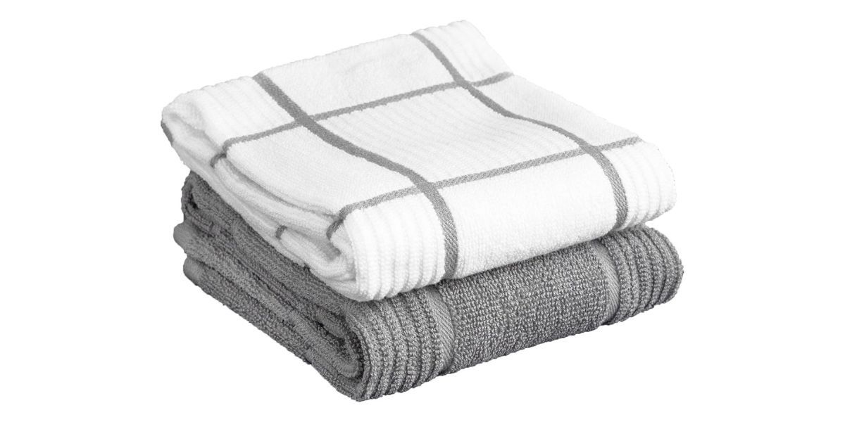 a grey kitchen towel and a white kitchen towel with grey stripes