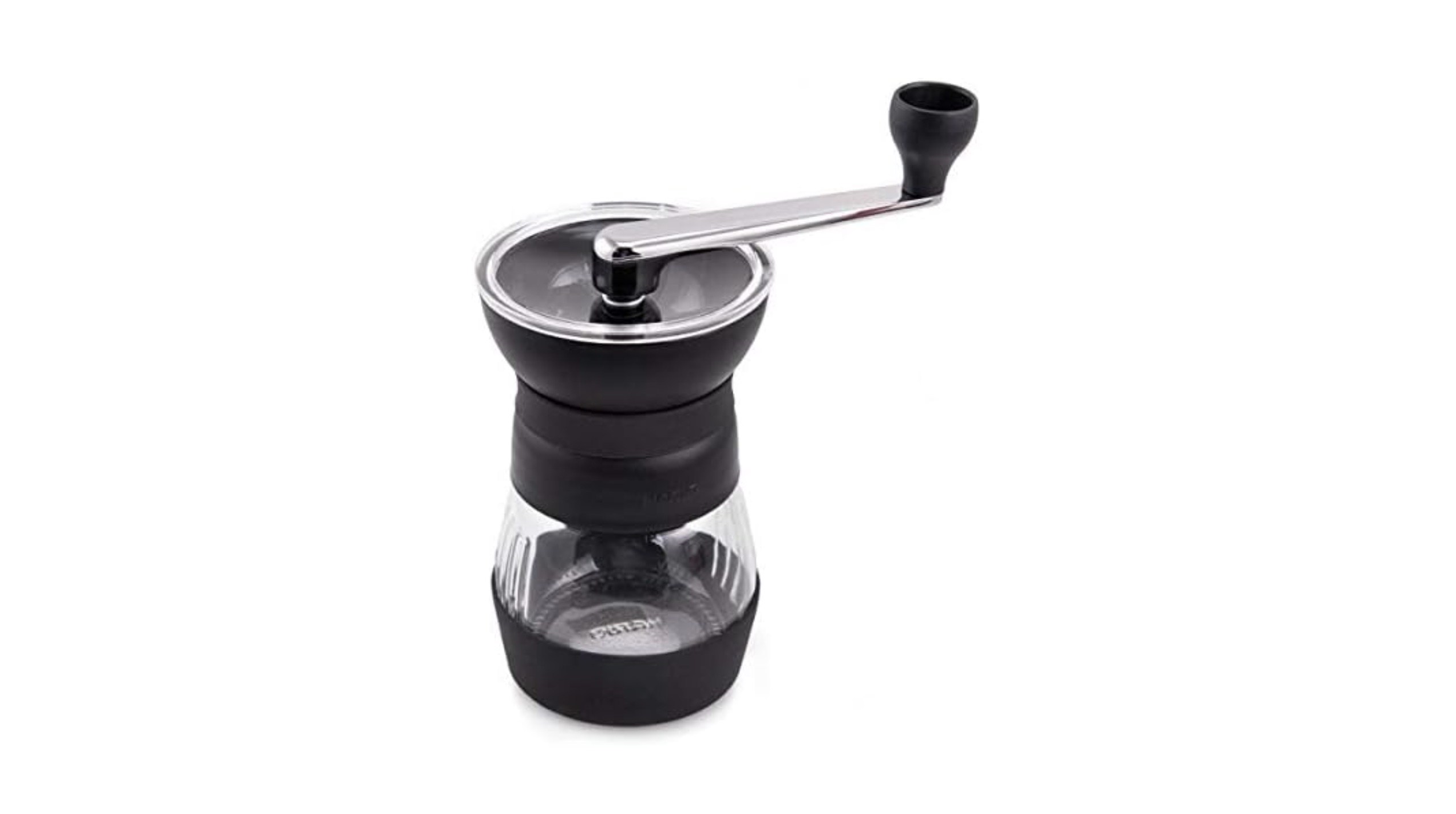 A manual coffee grinder with a crank handle on the top of it