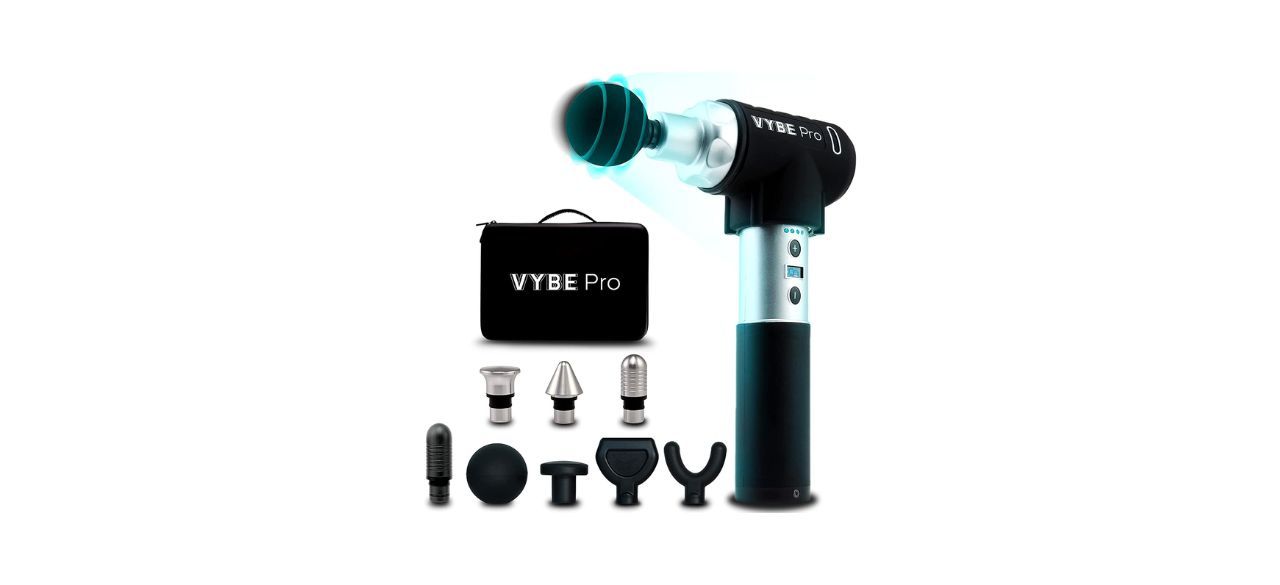 Vybe Pro Massage Gun shown with bag and attachments